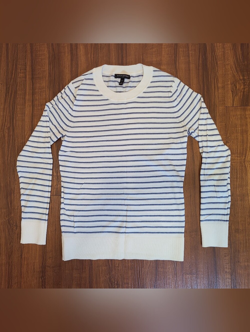 Banana Republic White and Blue Striped Crewneck Lightweight Cotton Sweater